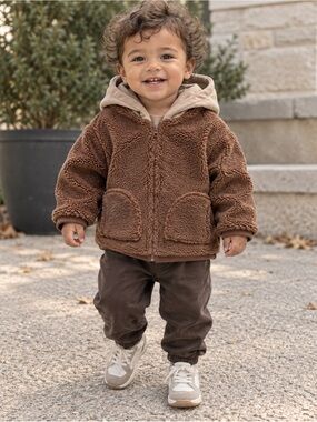 Zara Teddy Fleece Hooded Jacket 12–18 Months Brown Neutral Cozy Zip-Up NWT